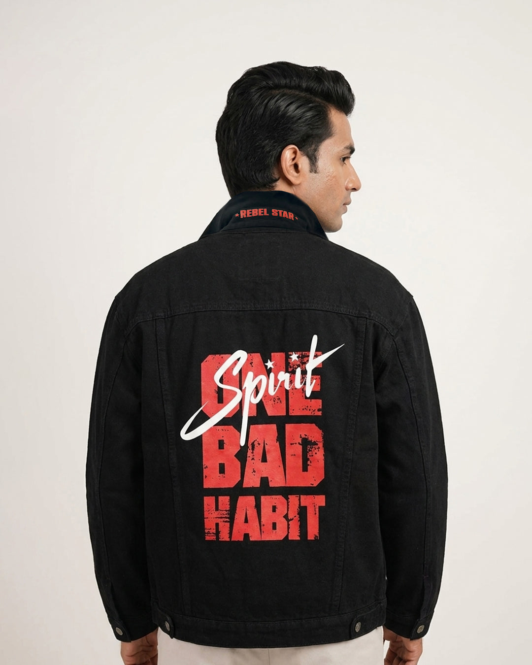 Rebel Spirit Black Denim Jacket – Prabhas One Bad Habit Edition